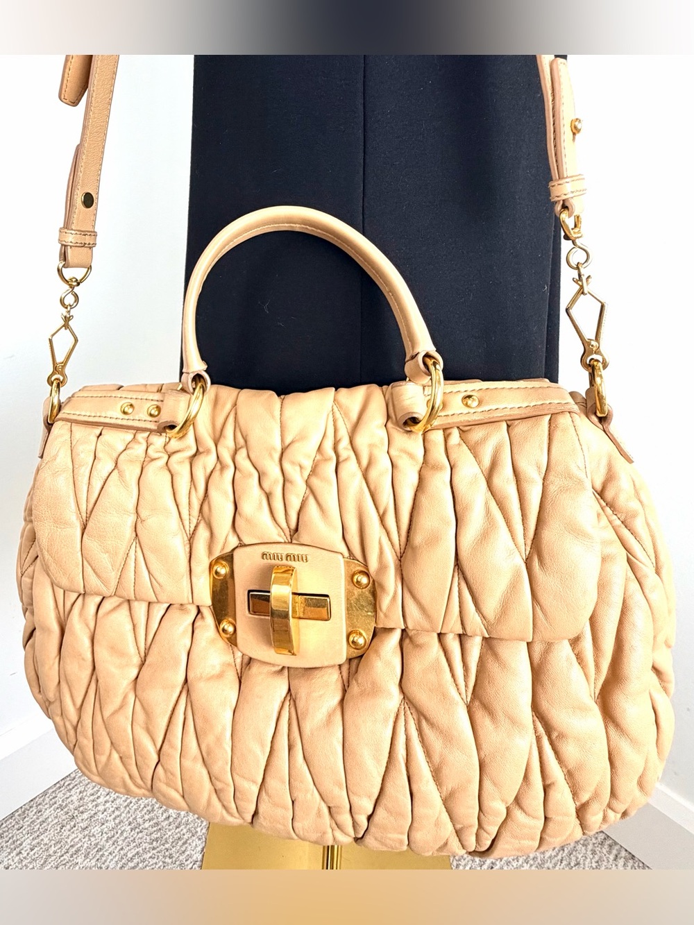Miu Miu Matelasse Nappa Lamb Leather Bag Nude Tan Top-Handle + Crossbody + COA - Picture 3 of 16